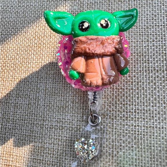 Handmade Accessories - Cute Green Baby Yoda Badge Reel with Pink Crystals